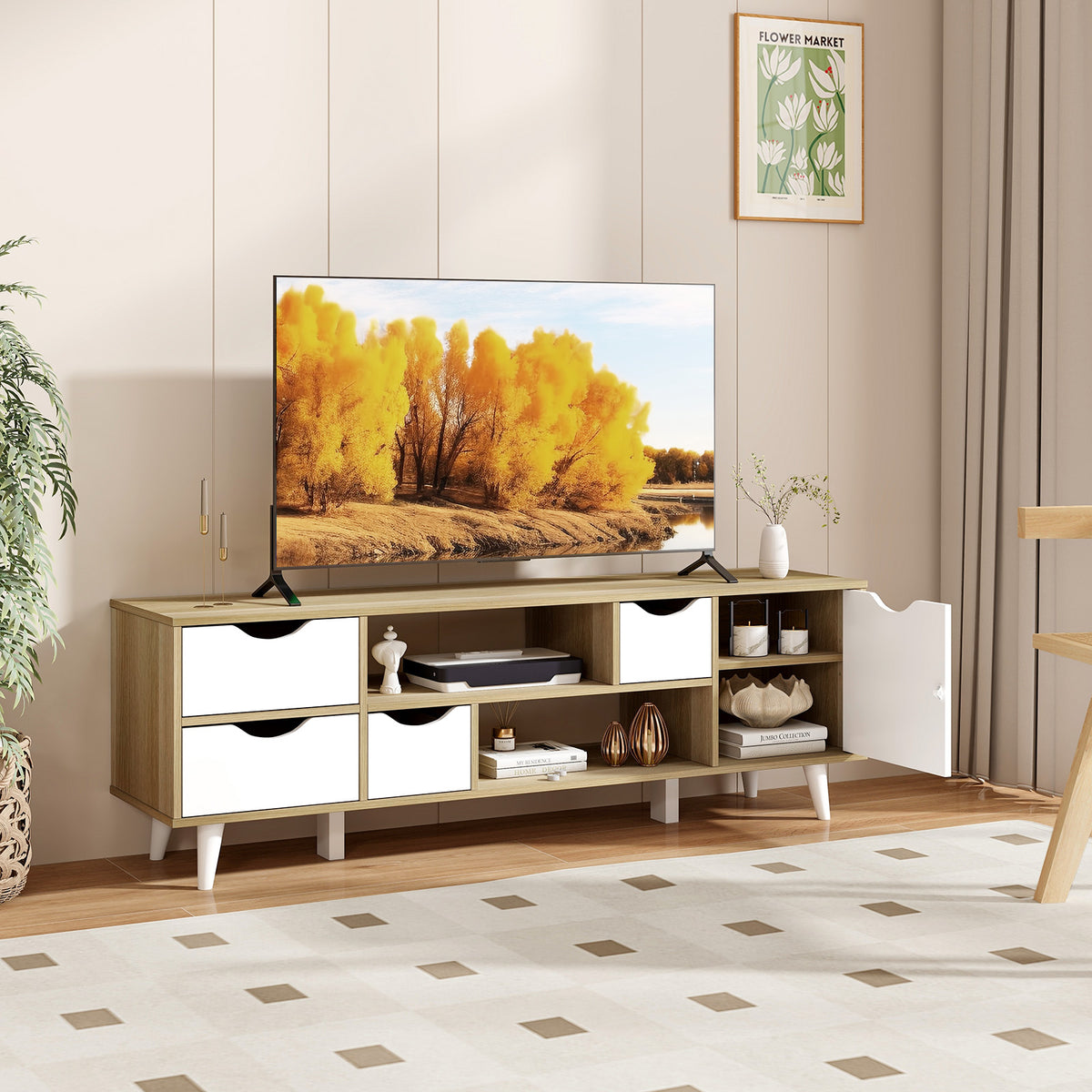 TV Stand for 55" TVs - 4 Drawer Media Cabinet, Oak, 48" x 12"