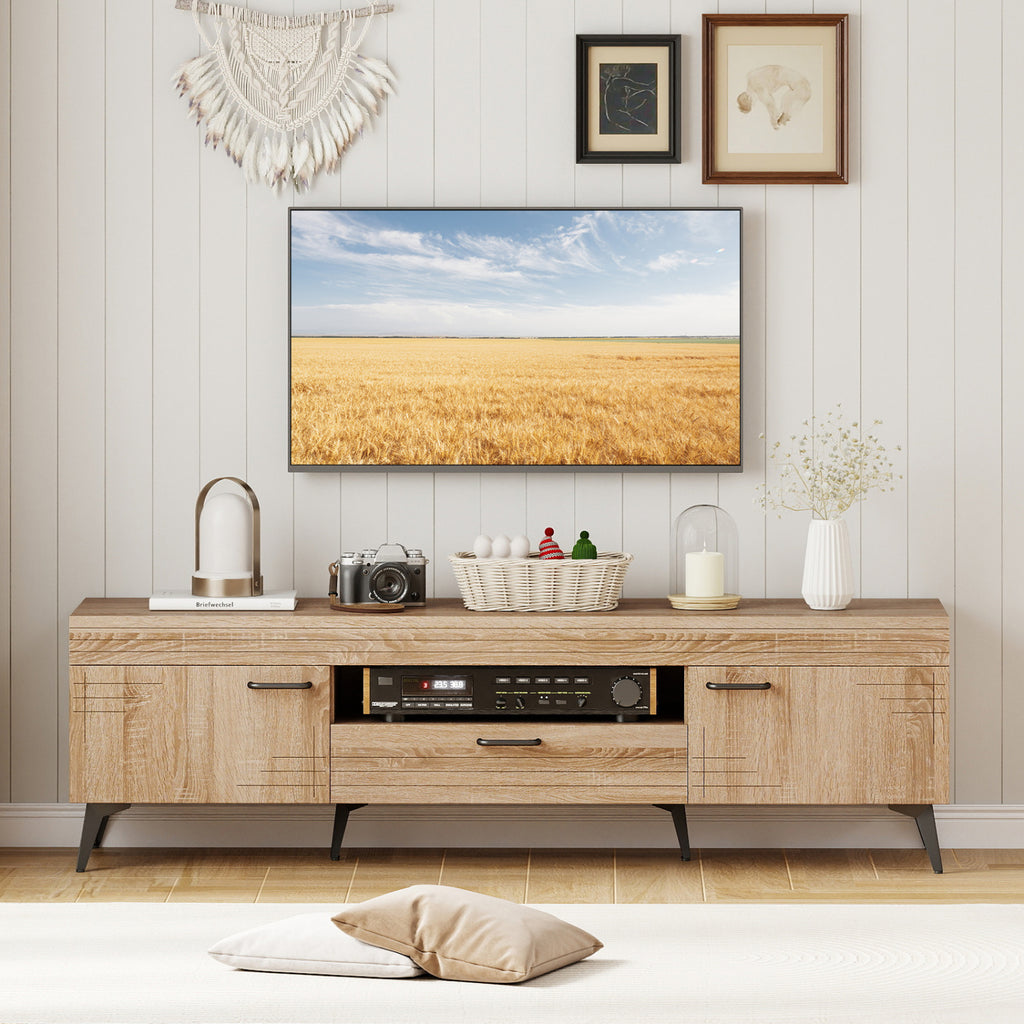 TV Stand with 2 Cabinets and Storage Drawer for 65 Inches – Oak
