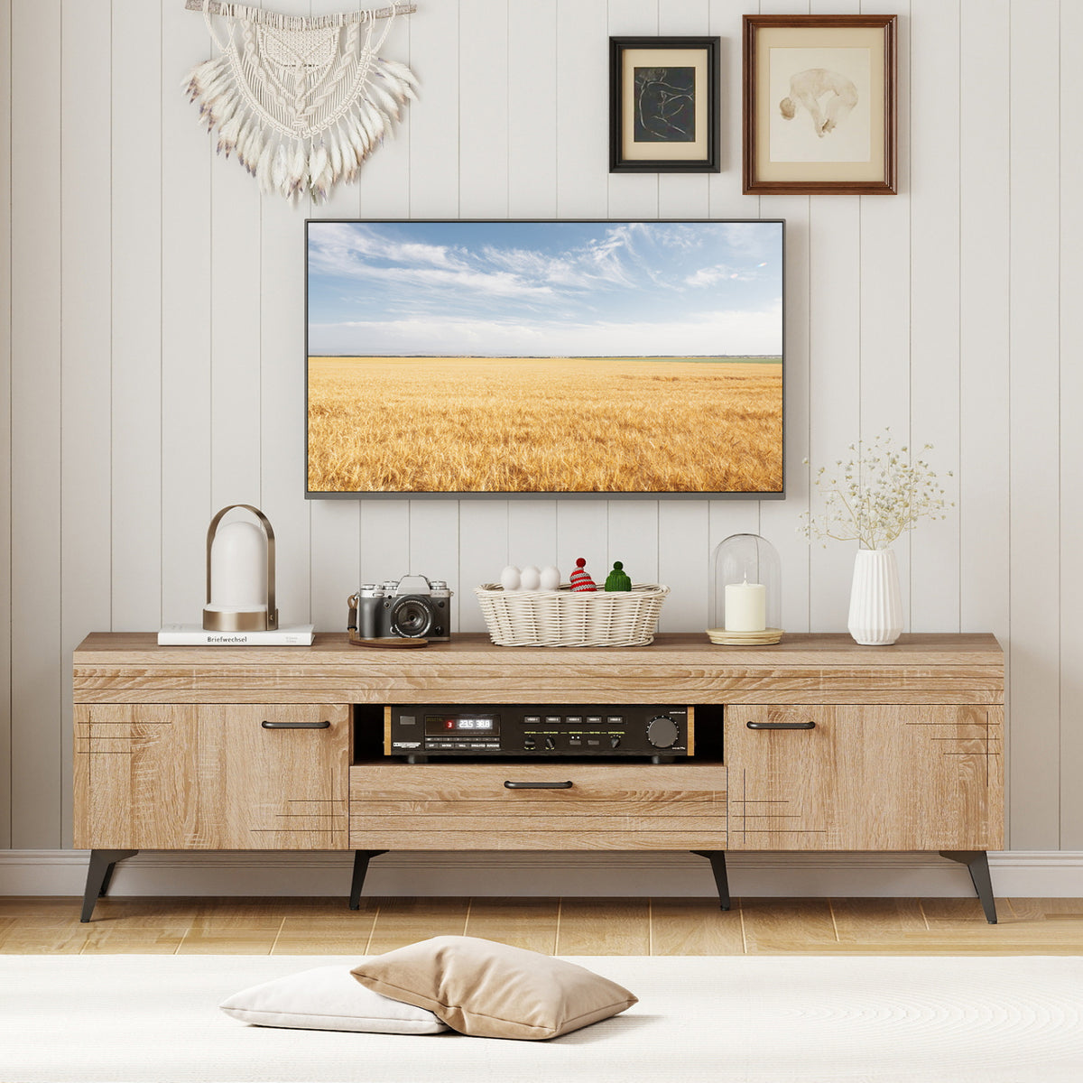 TV Stand with 2 Cabinets and Storage Drawer for 65 Inches – Oak