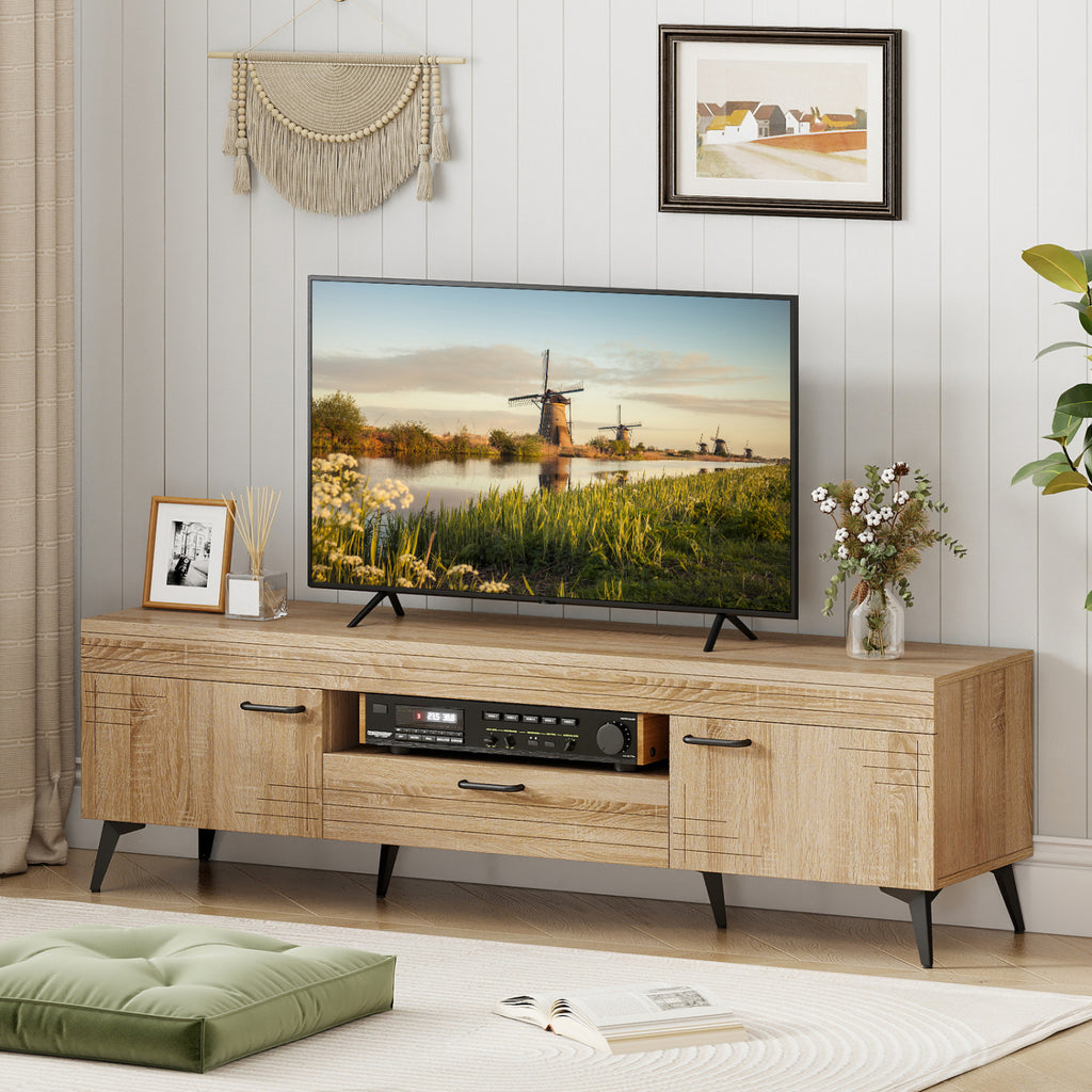 TV Stand with 2 Cabinets and Storage Drawer for 65 Inches – Oak