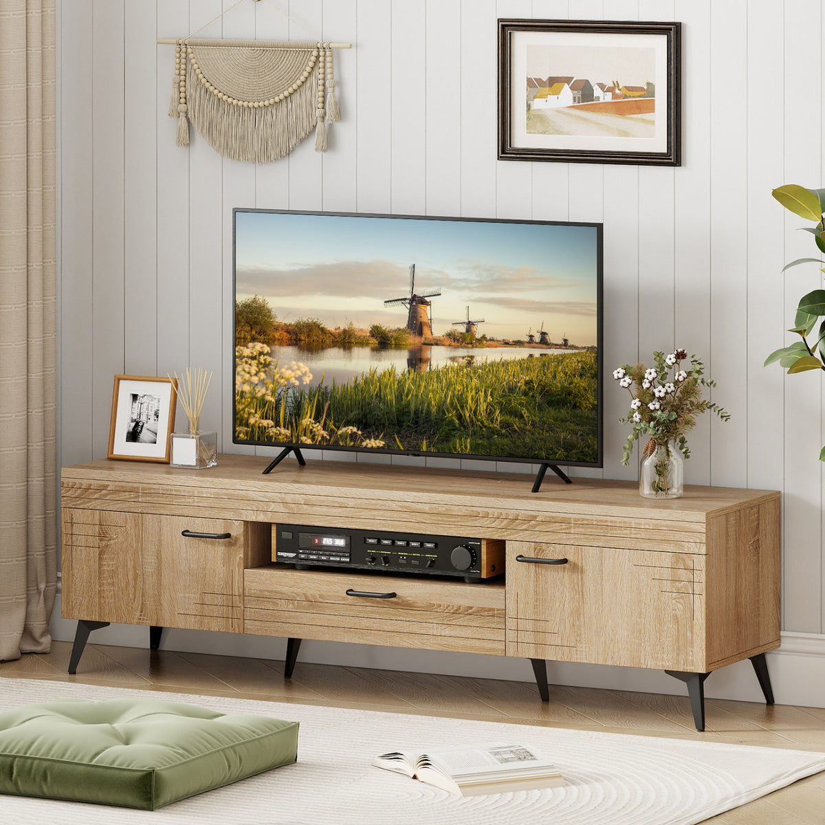 TV Stand with 2 Cabinets and Storage Drawer for 65 Inches – Oak
