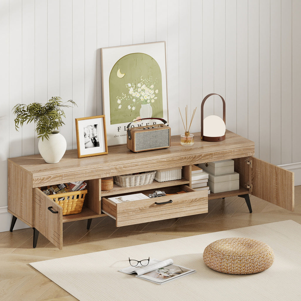 TV Stand with 2 Cabinets and Storage Drawer for 65" TVs, Oak