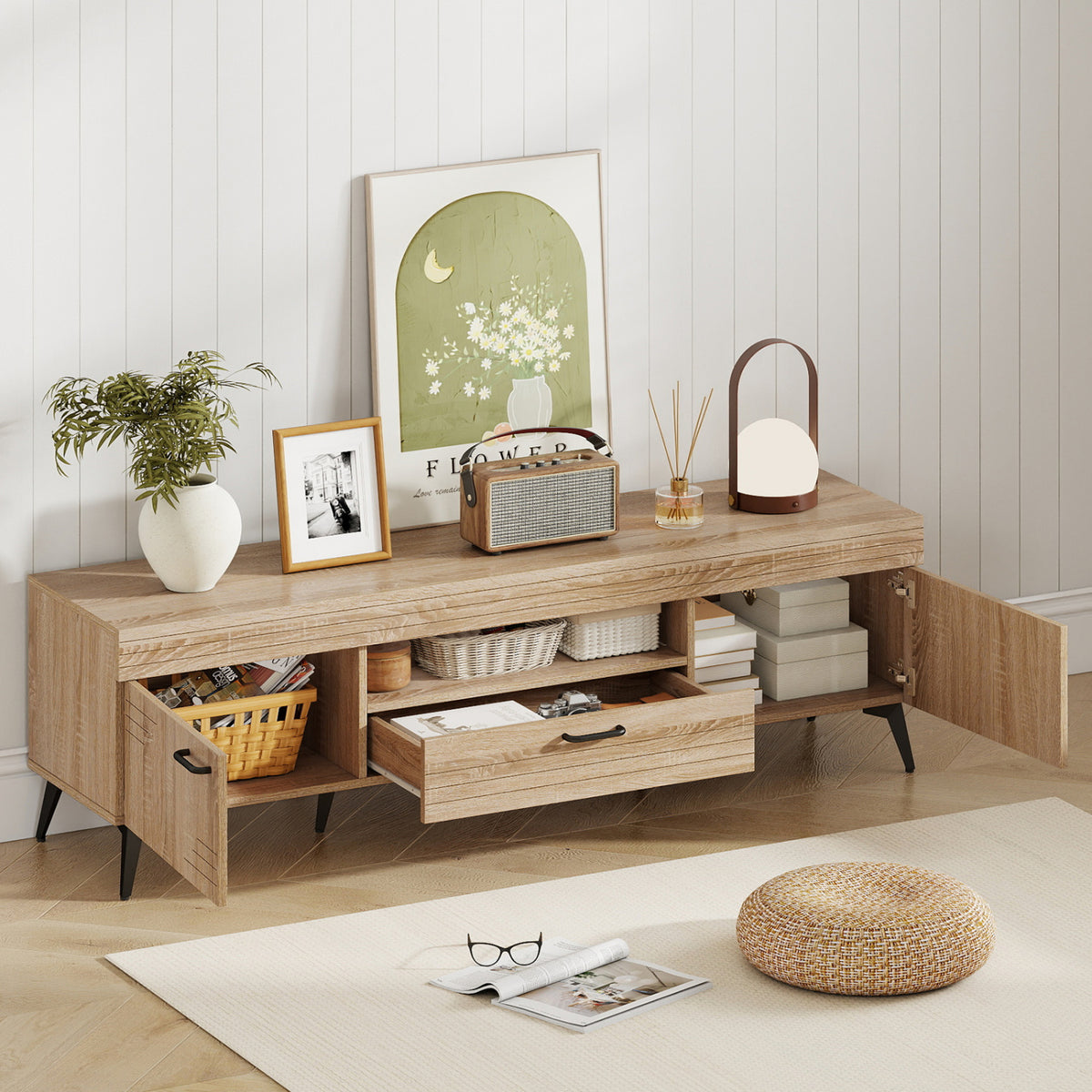 TV Stand with 2 Cabinets and Storage Drawer for 65" TVs, Oak