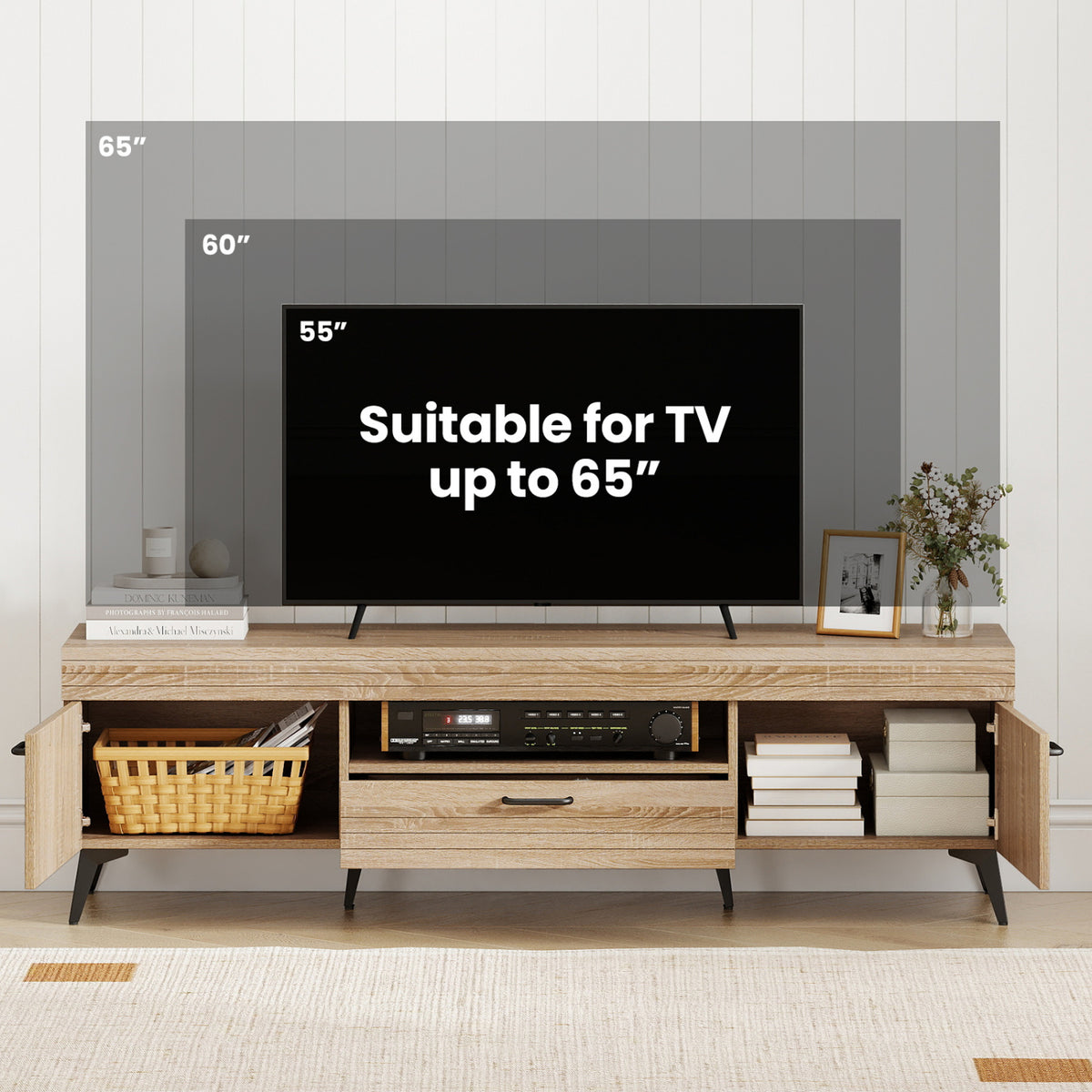 TV Stand with 2 Cabinets and Storage Drawer for 65 Inches – Oak