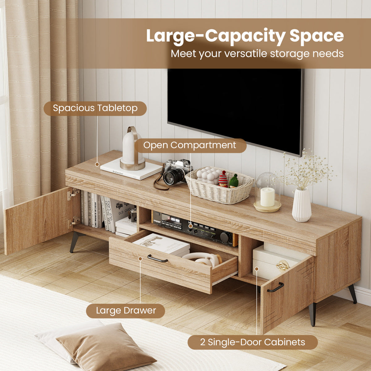 TV Stand with 2 Cabinets and Storage Drawer for 65 Inches – Oak