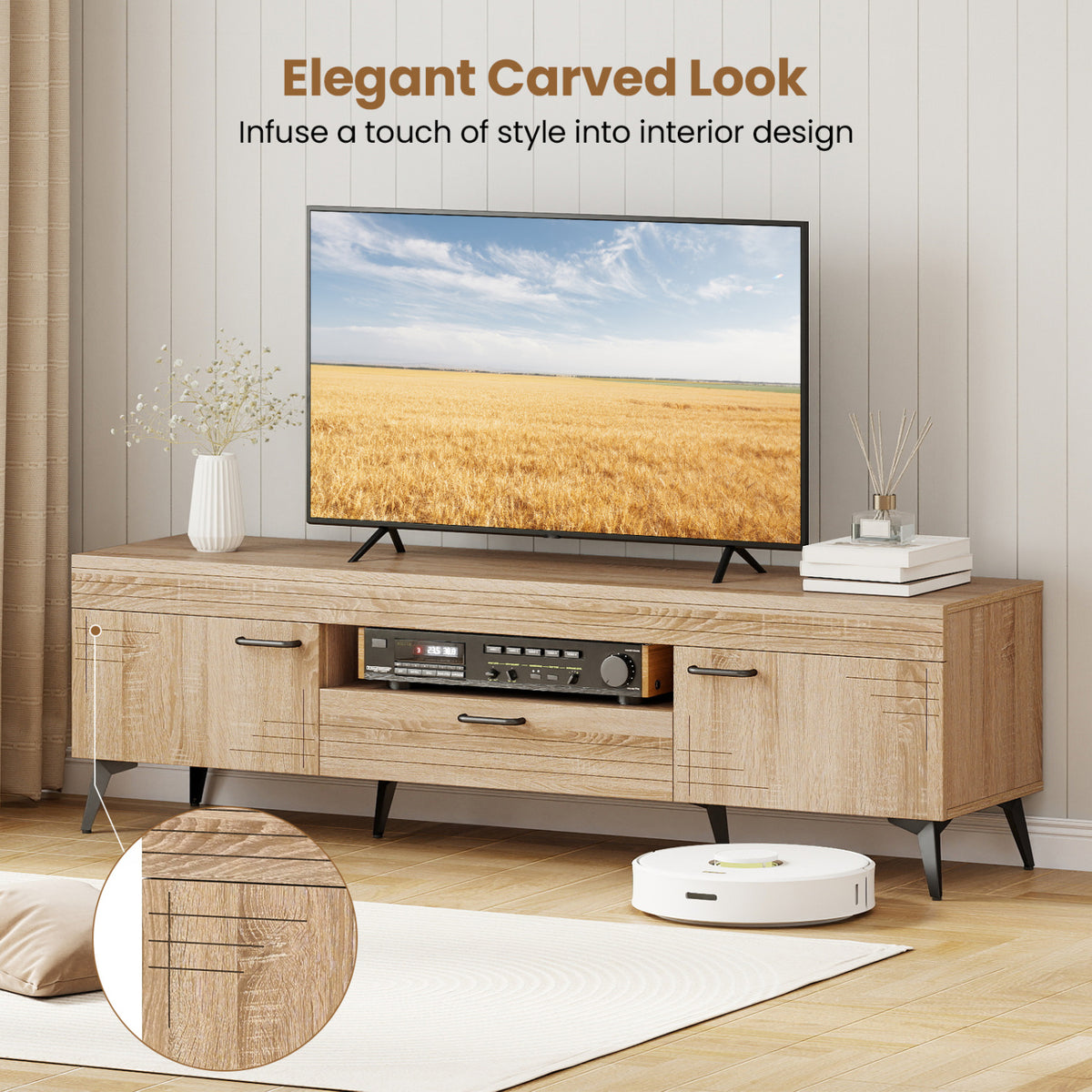 TV Stand with 2 Cabinets and Storage Drawer for 65" TVs, Oak