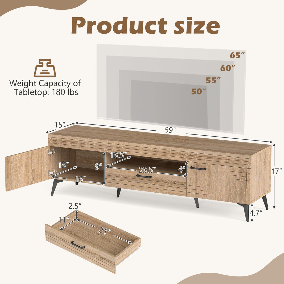 TV Stand with 2 Cabinets and Storage Drawer for 65 Inches – Oak
