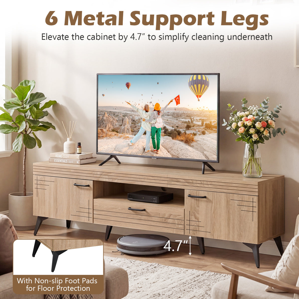 TV Stand with 2 Cabinets and Storage Drawer for 65 Inches – Oak