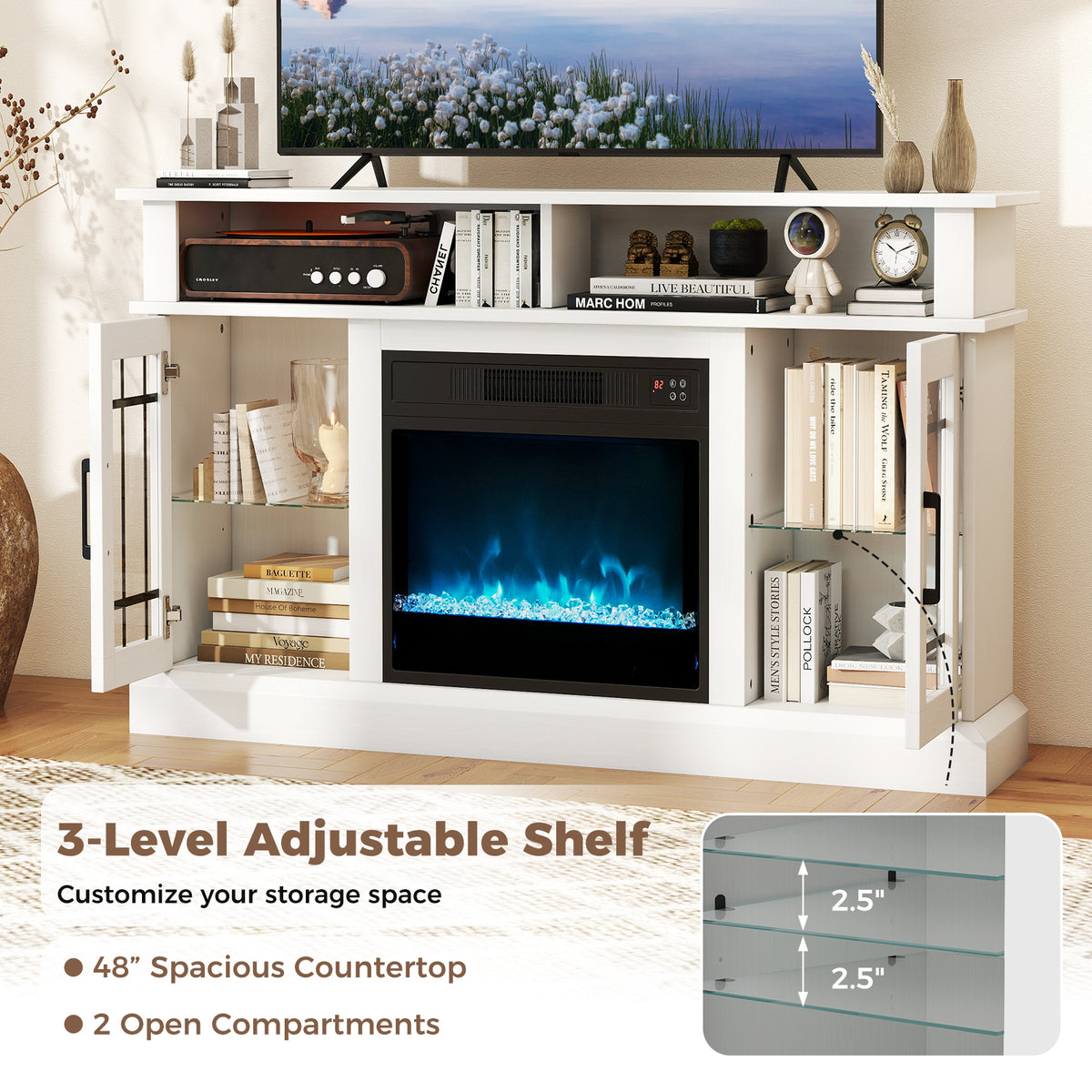 Electric Fireplace TV Stand Up to 55 Inches – White