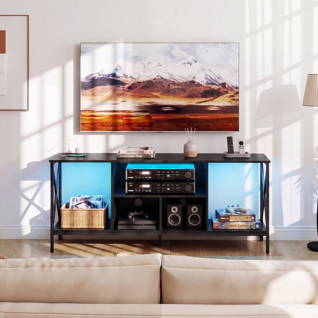 65 Inch TV Stand with LED Lights and Power Outlets - Brown