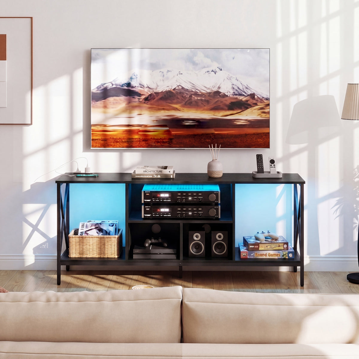 65 Inch TV Stand with LED Lights and Power Outlets - Brown