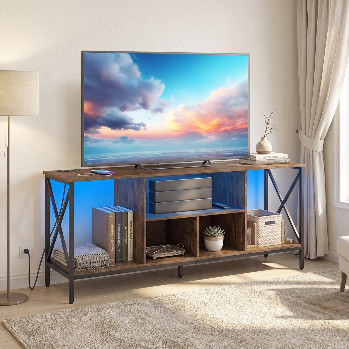 65 Inch TV Stand with LED Lights and Power Outlets - Brown