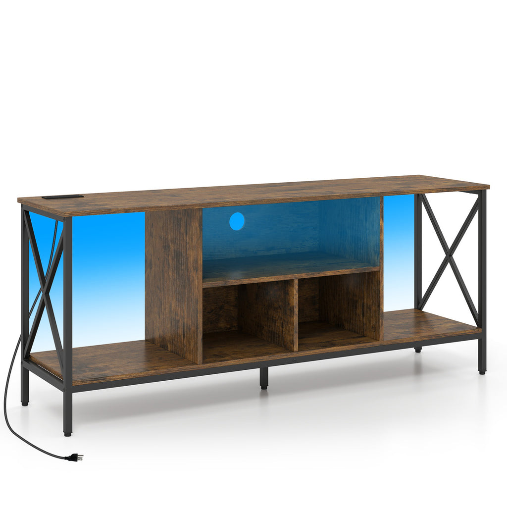 65 Inch TV Stand with LED Lights and Power Outlets - Brown