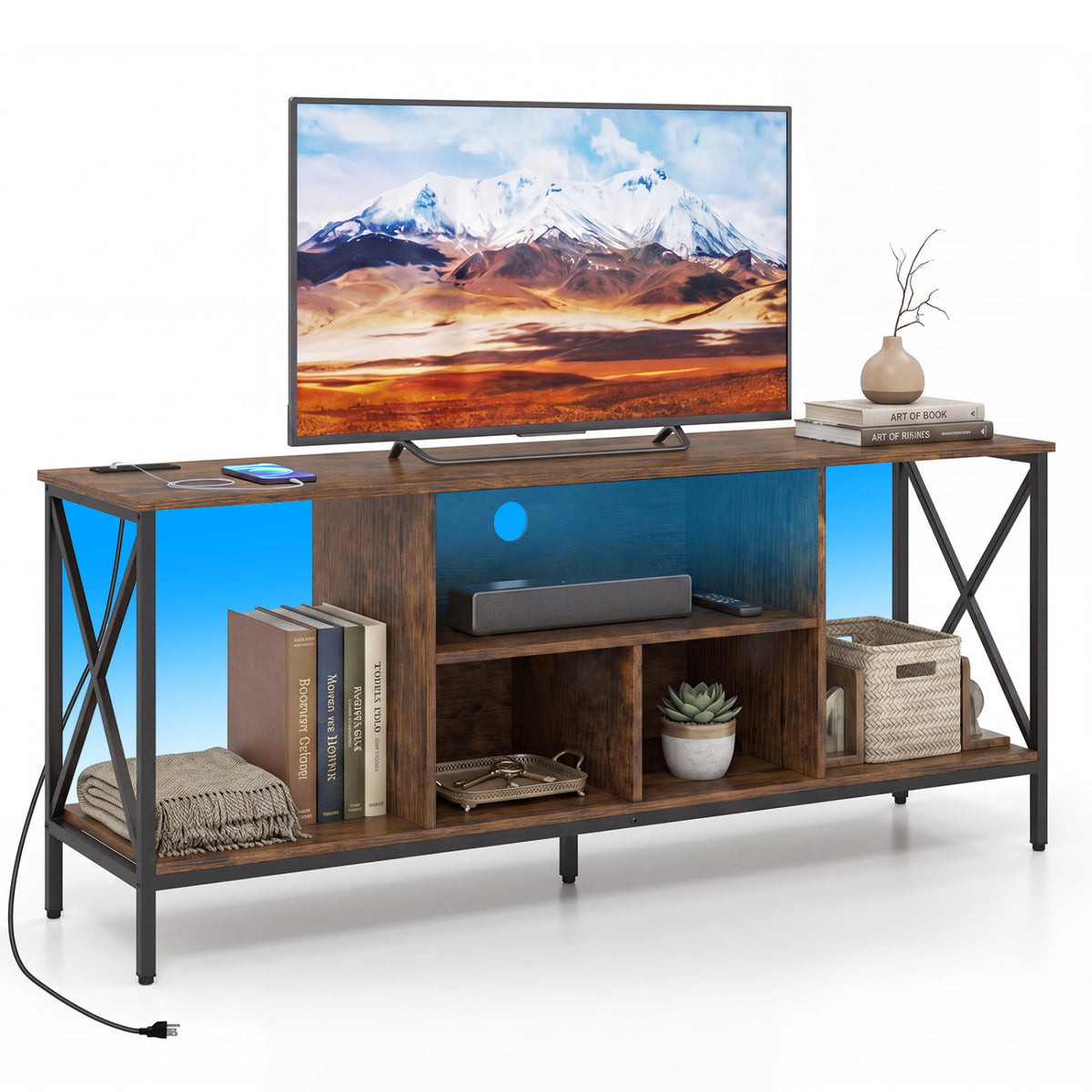 65 Inch TV Stand with LED Lights and Power Outlets - Brown
