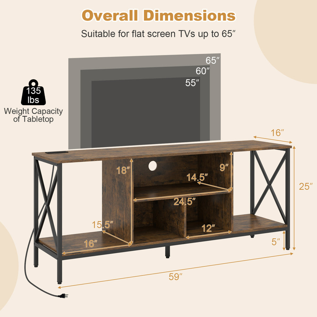 65 Inch TV Stand with LED Lights and Power Outlets - Brown