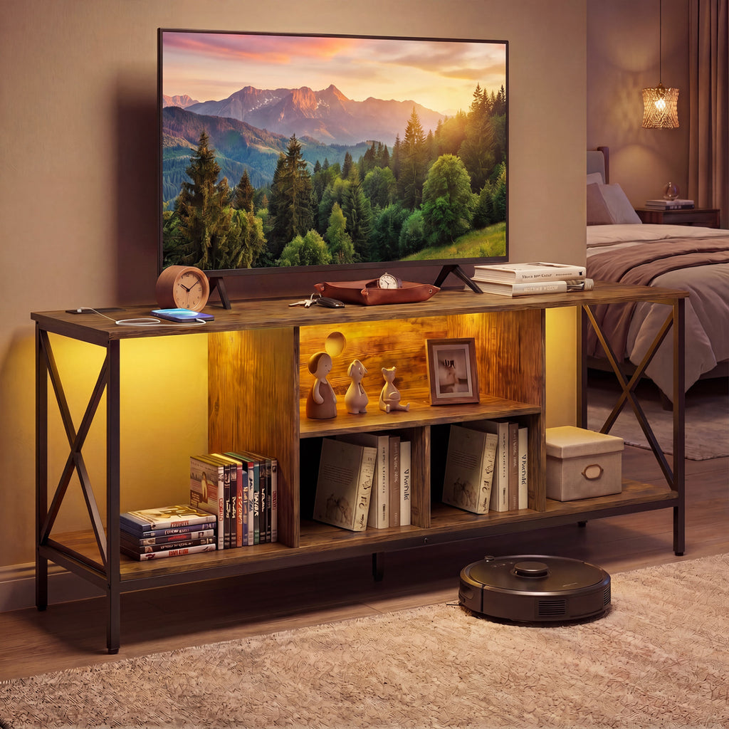 65 Inch TV Stand with LED Lights and Power Outlets - Brown