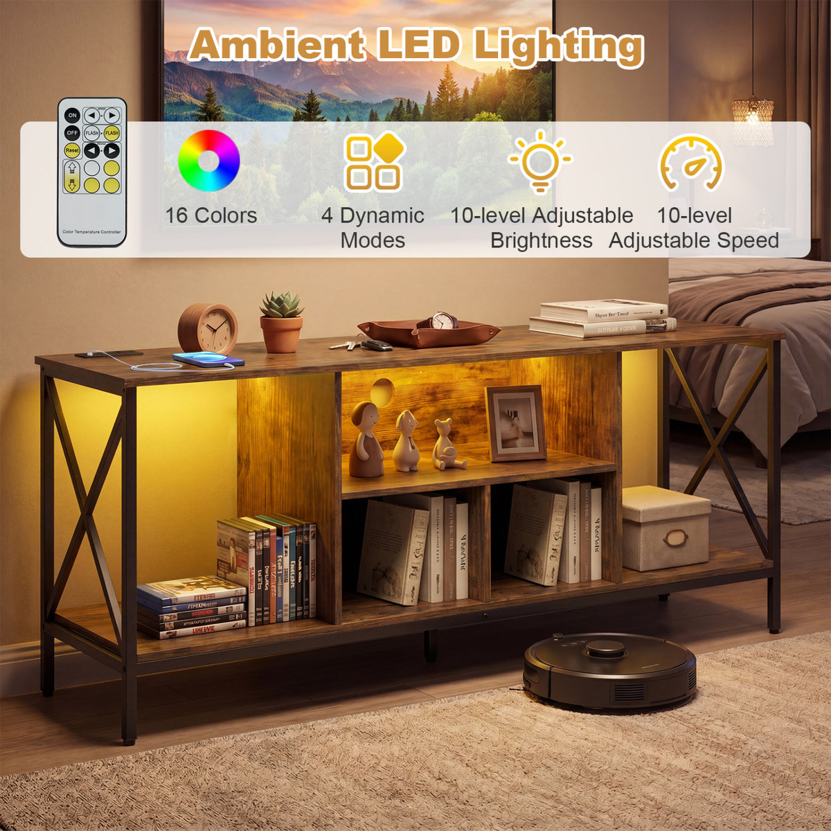65 Inch TV Stand with LED Lights and Power Outlets - Brown