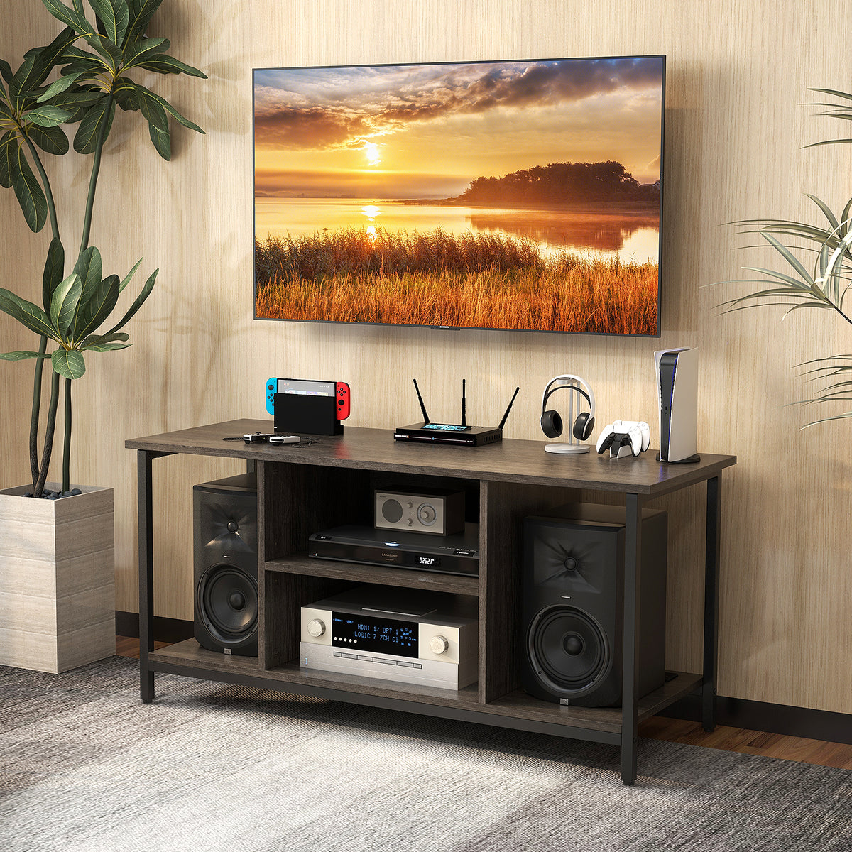 3-Tier TV Stand with Power Outlet & USB - Gray