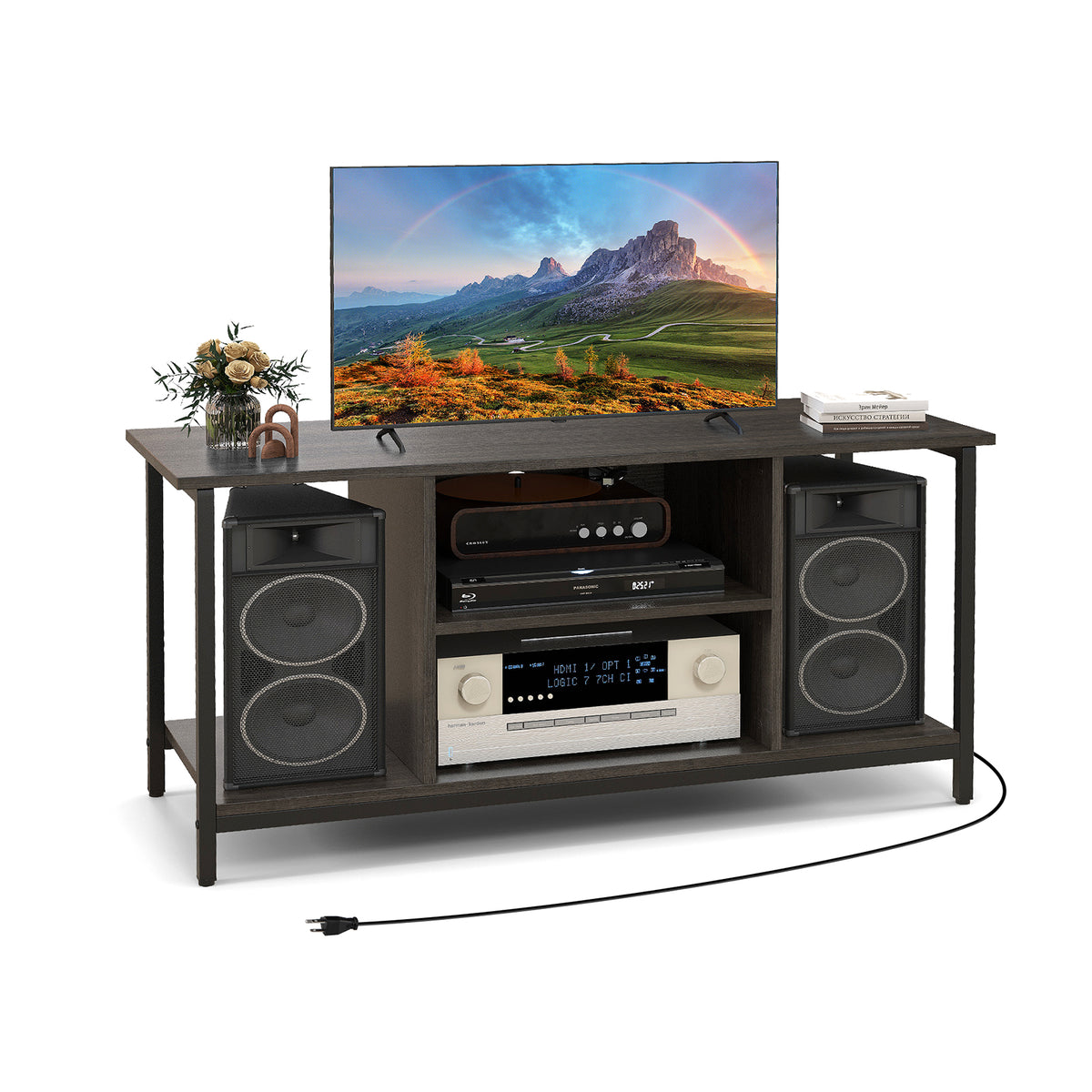 3-Tier TV Stand with Power Outlet & USB - Gray