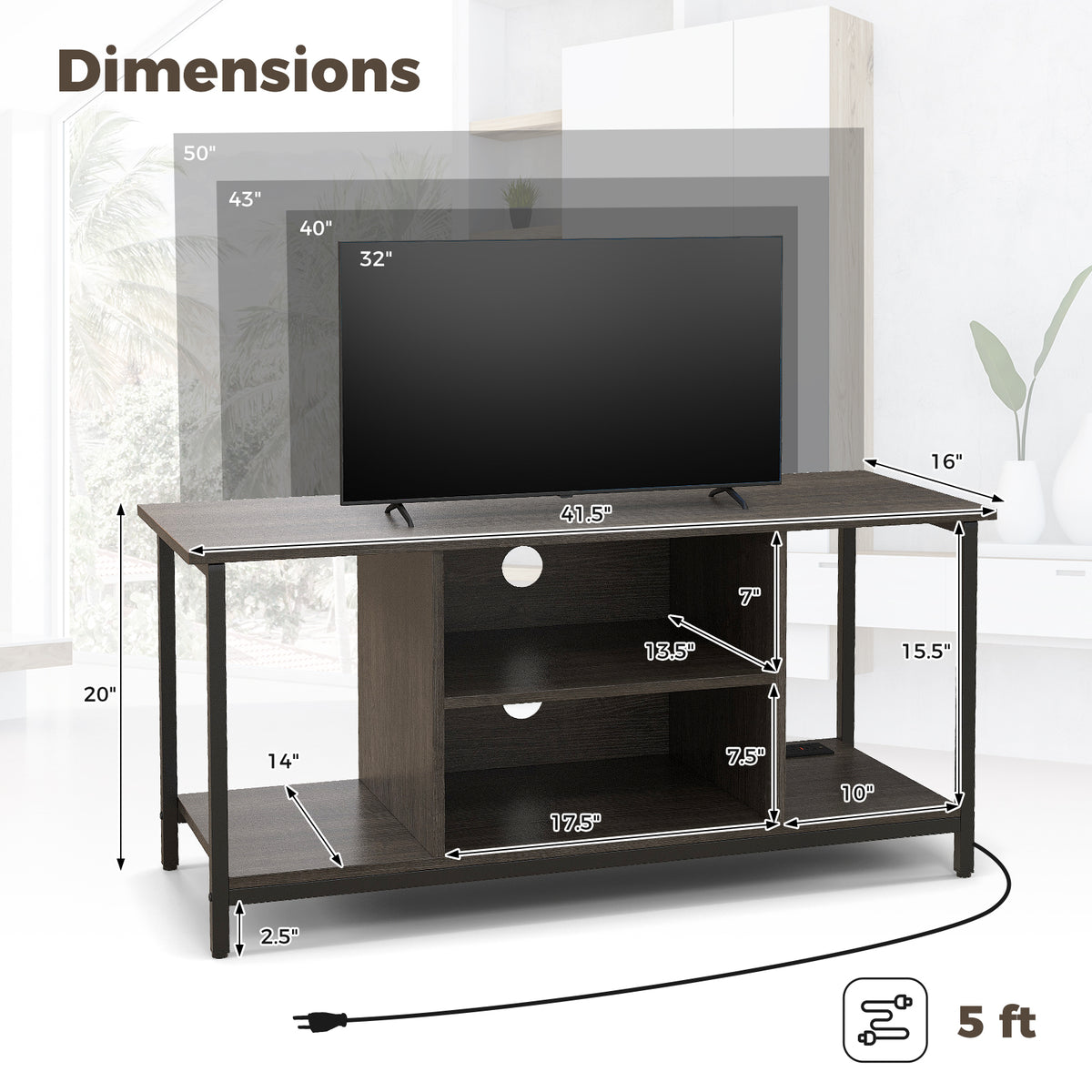 3-Tier TV Stand with Power Outlet & USB - Gray