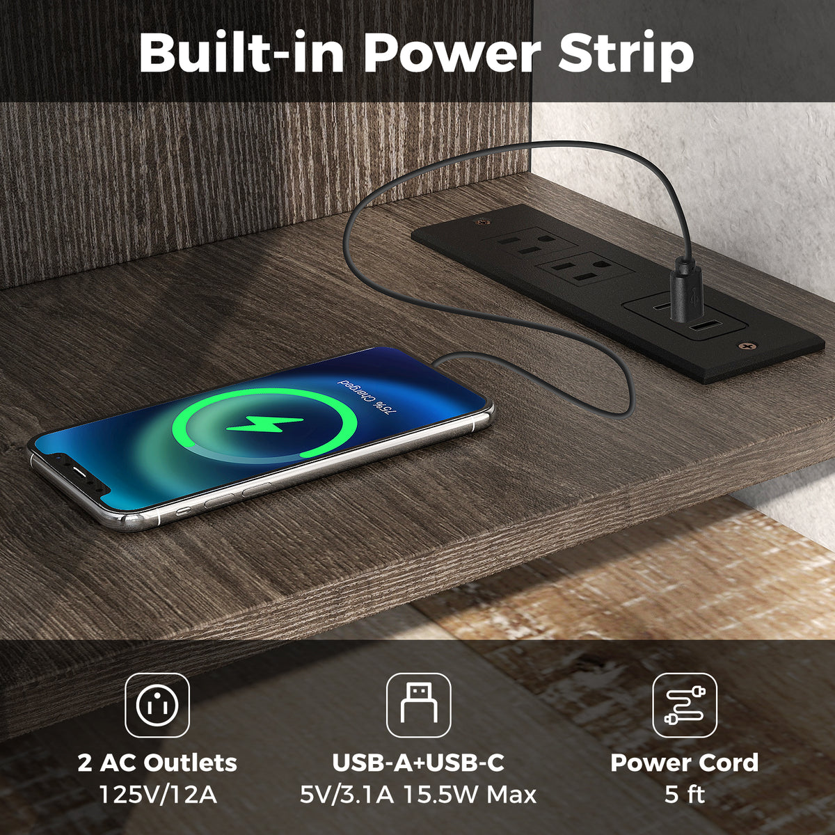3-Tier TV Stand with Power Outlet & USB - Gray