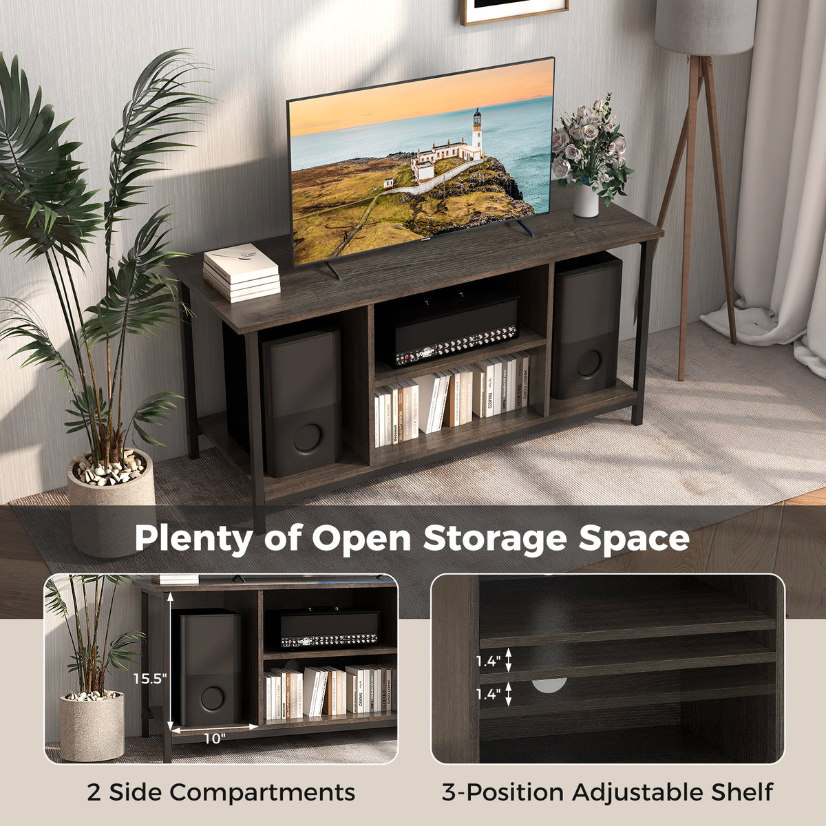 3-Tier TV Stand with Power Outlet & USB - Gray