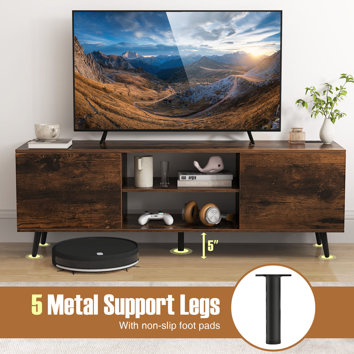 TV Stand for 60 Inch TVs with Power Outlets - Rustic Brown