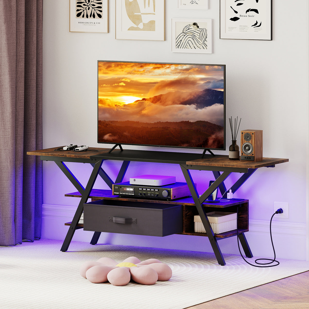 65" TV Stand with LED Lights & Power Outlets - Rustic Brown