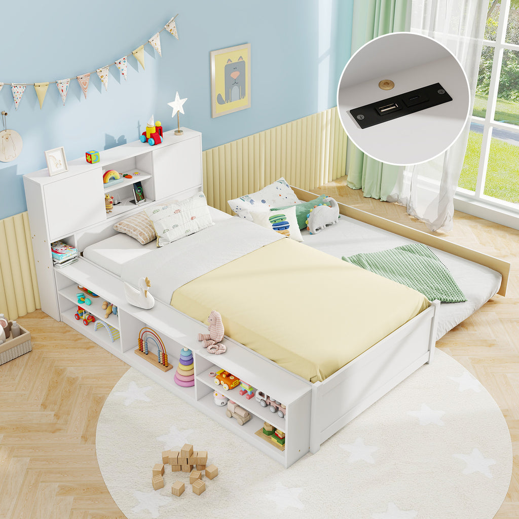 Twin Trundle Bed Frame with Power Outlets - White