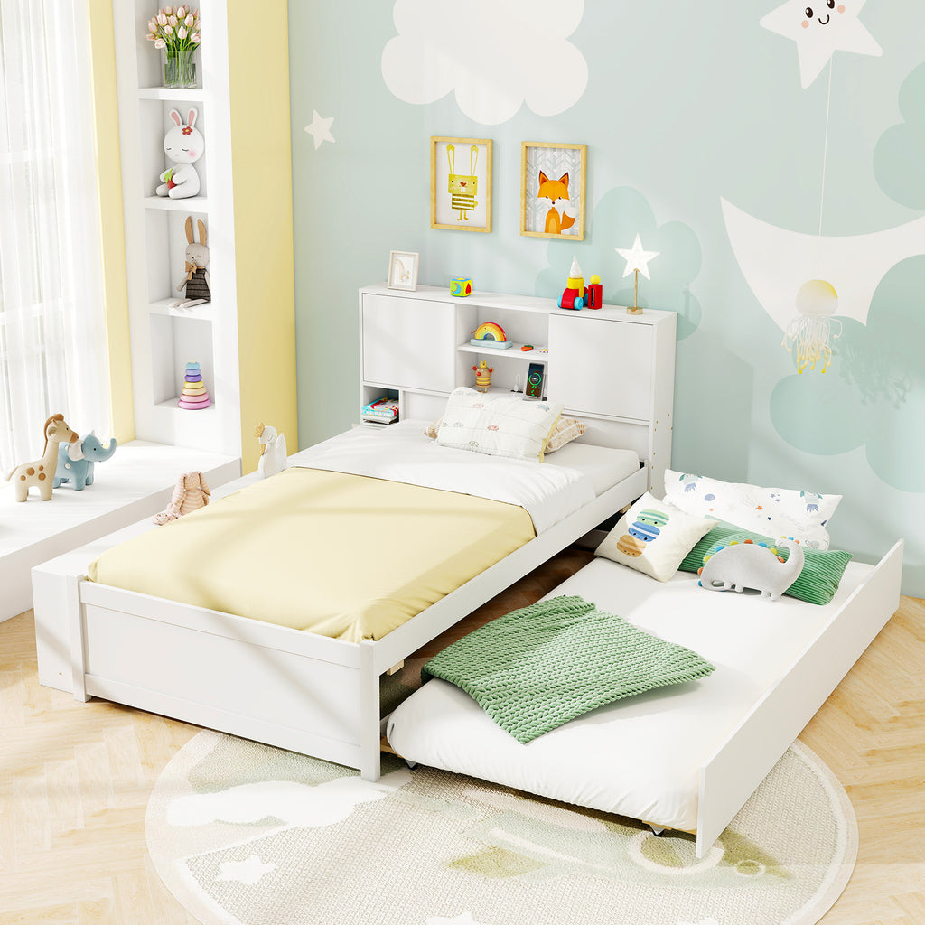 Twin Trundle Bed Frame with Power Outlets - White