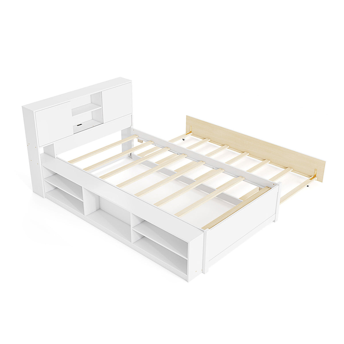 Twin Trundle Bed Frame with Power Outlets - White