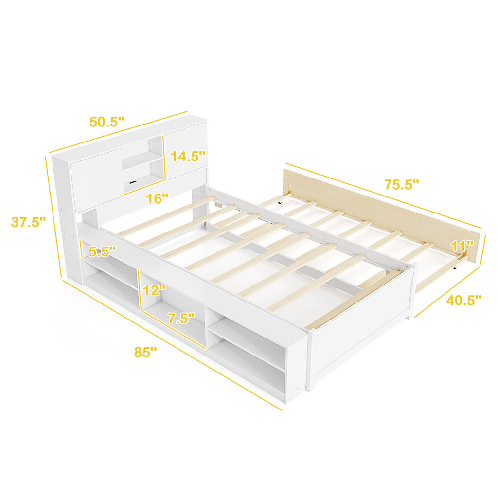 Twin Trundle Bed Frame with Power Outlets - White