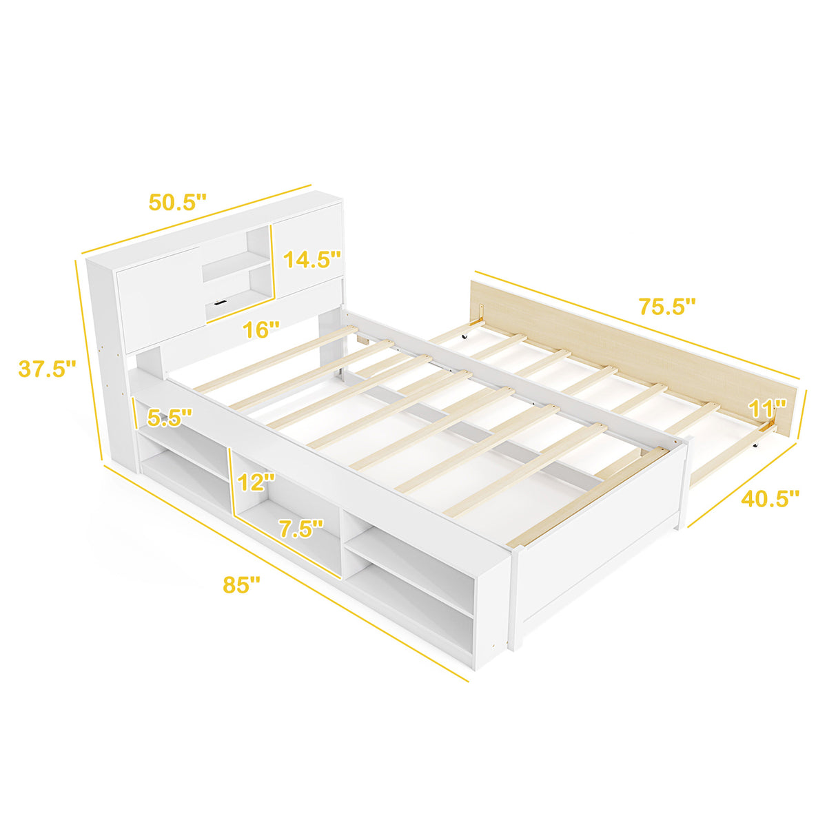 Twin Trundle Bed Frame with Power Outlets - White
