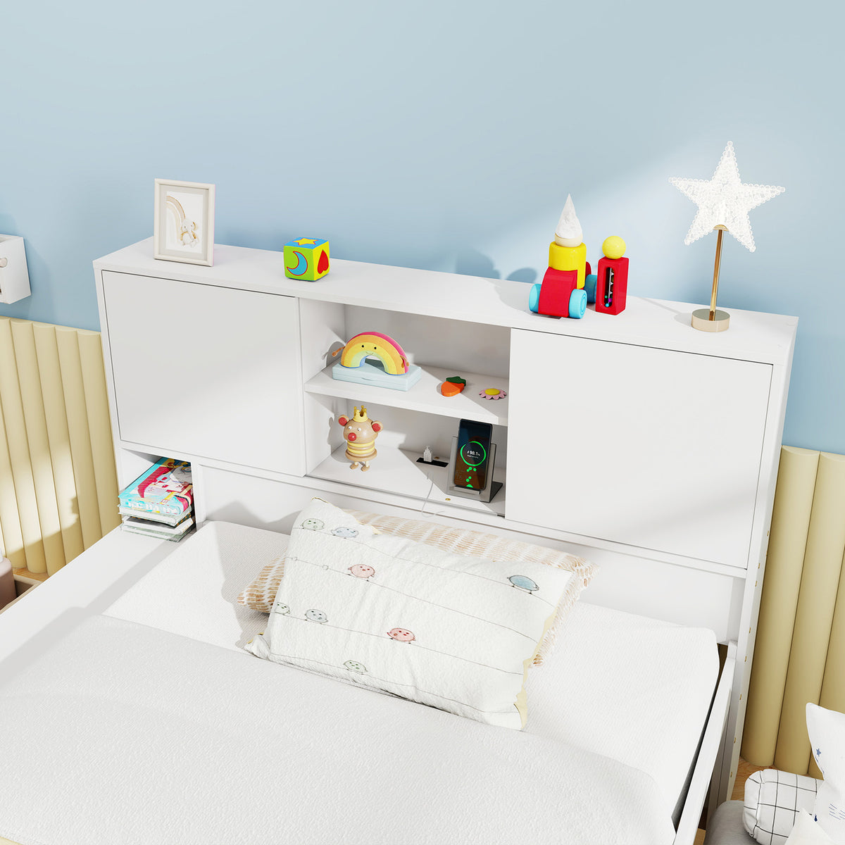 Twin Trundle Bed Frame with Power Outlets - White