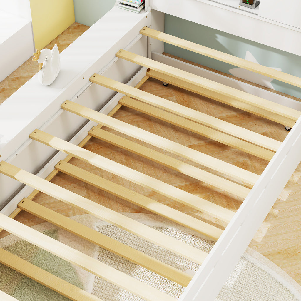 Twin Trundle Bed Frame with Power Outlets - White