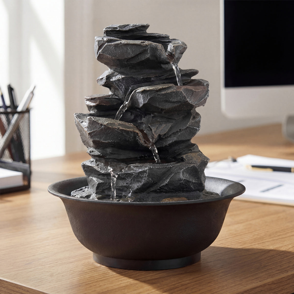 Tabletop Water Fountain with LED Light Indoor Desktop Cascading Water Feature - Without Crystal Ball