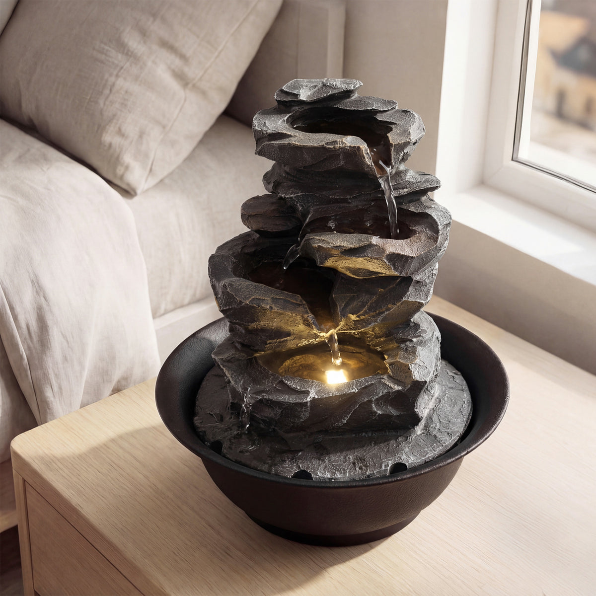 Tabletop Water Fountain with LED Light Indoor Desktop Cascading Water Feature - Without Crystal Ball