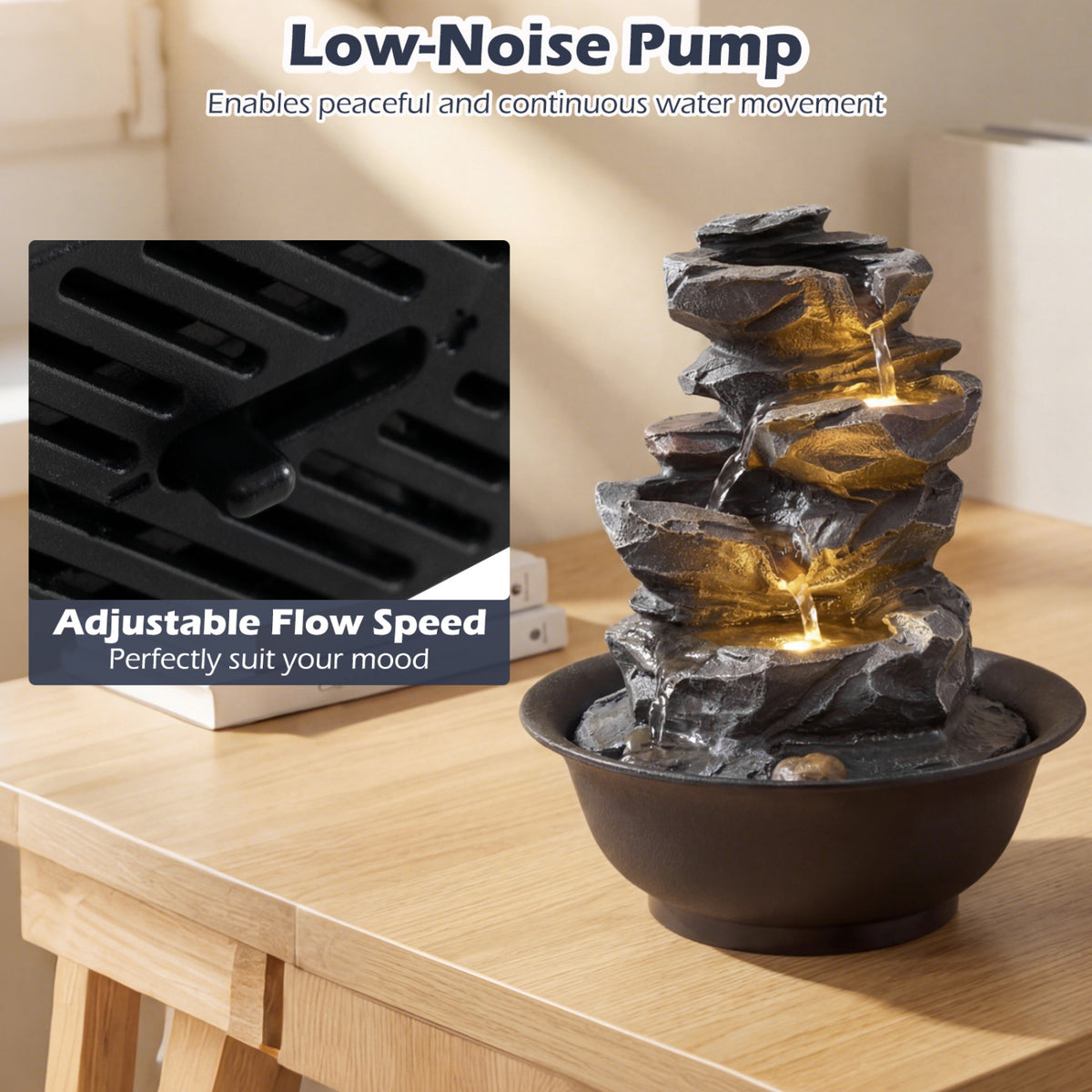 Tabletop Water Fountain with LED Light Indoor Desktop Cascading Water Feature - Without Crystal Ball