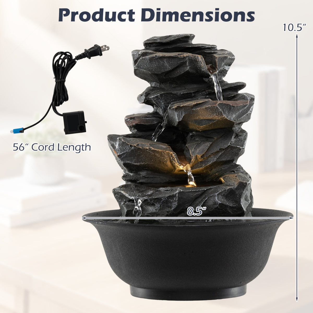 Tabletop Water Fountain with LED Light Indoor Desktop Cascading Water Feature - Without Crystal Ball