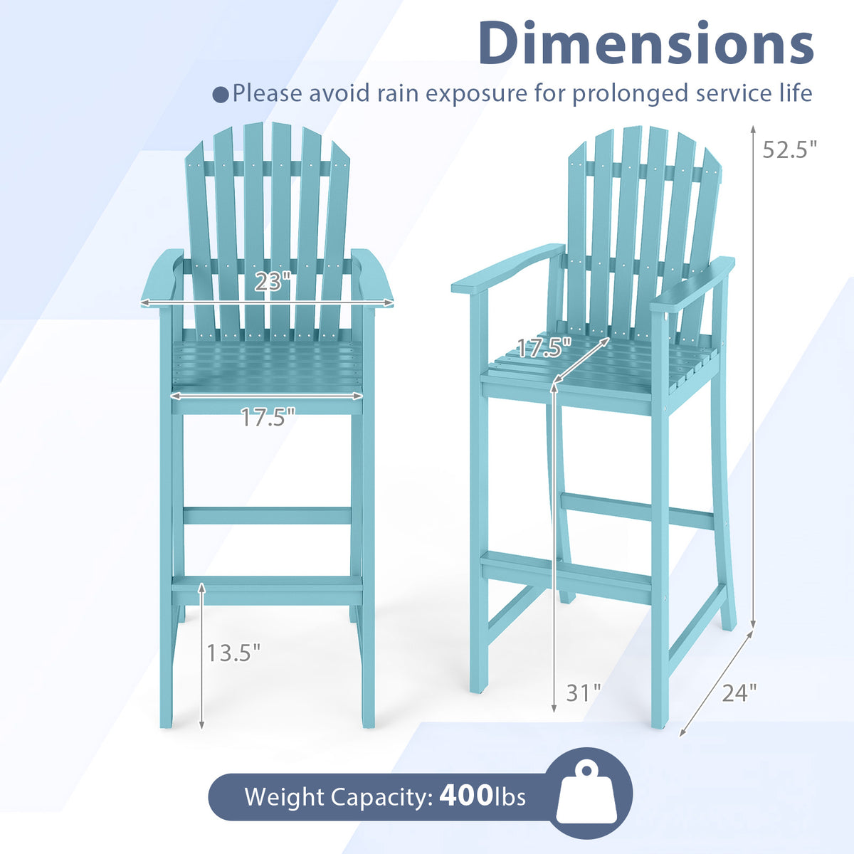 Tall Adirondack Chair with Armrests and Footrest, Turquoise