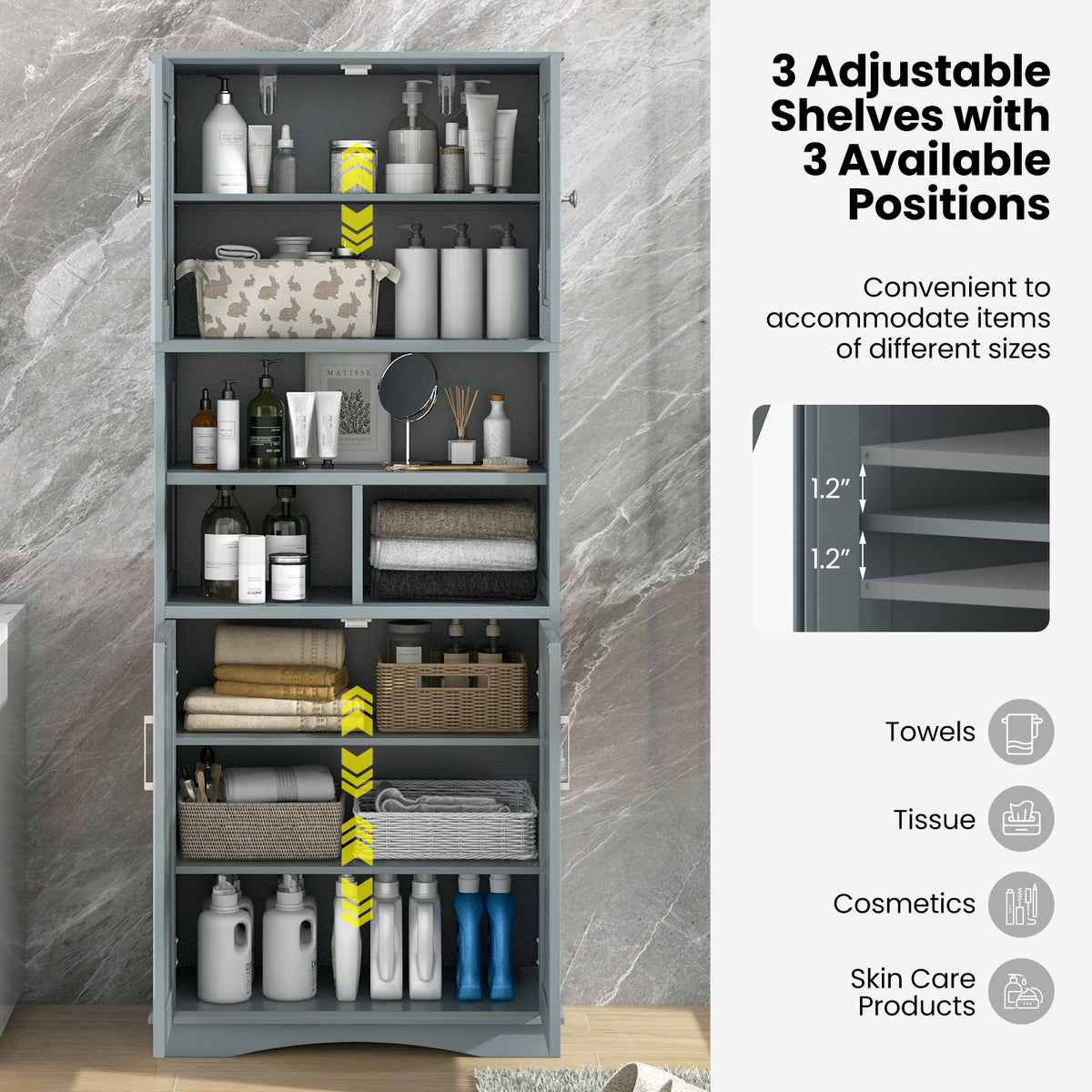 Tall Bathroom Cabinet Large Floor Storage with Acrylic Doors and 3