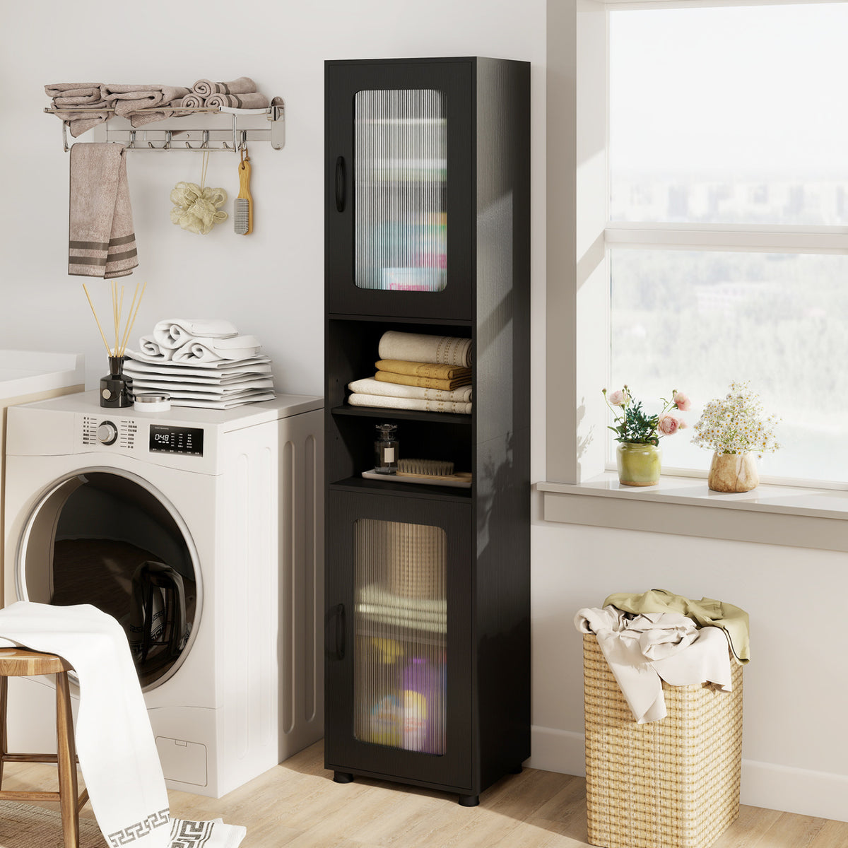 Tall Bathroom Storage Cabinet 67 Inch - 2 Cabinets & Open Shelves, Natural