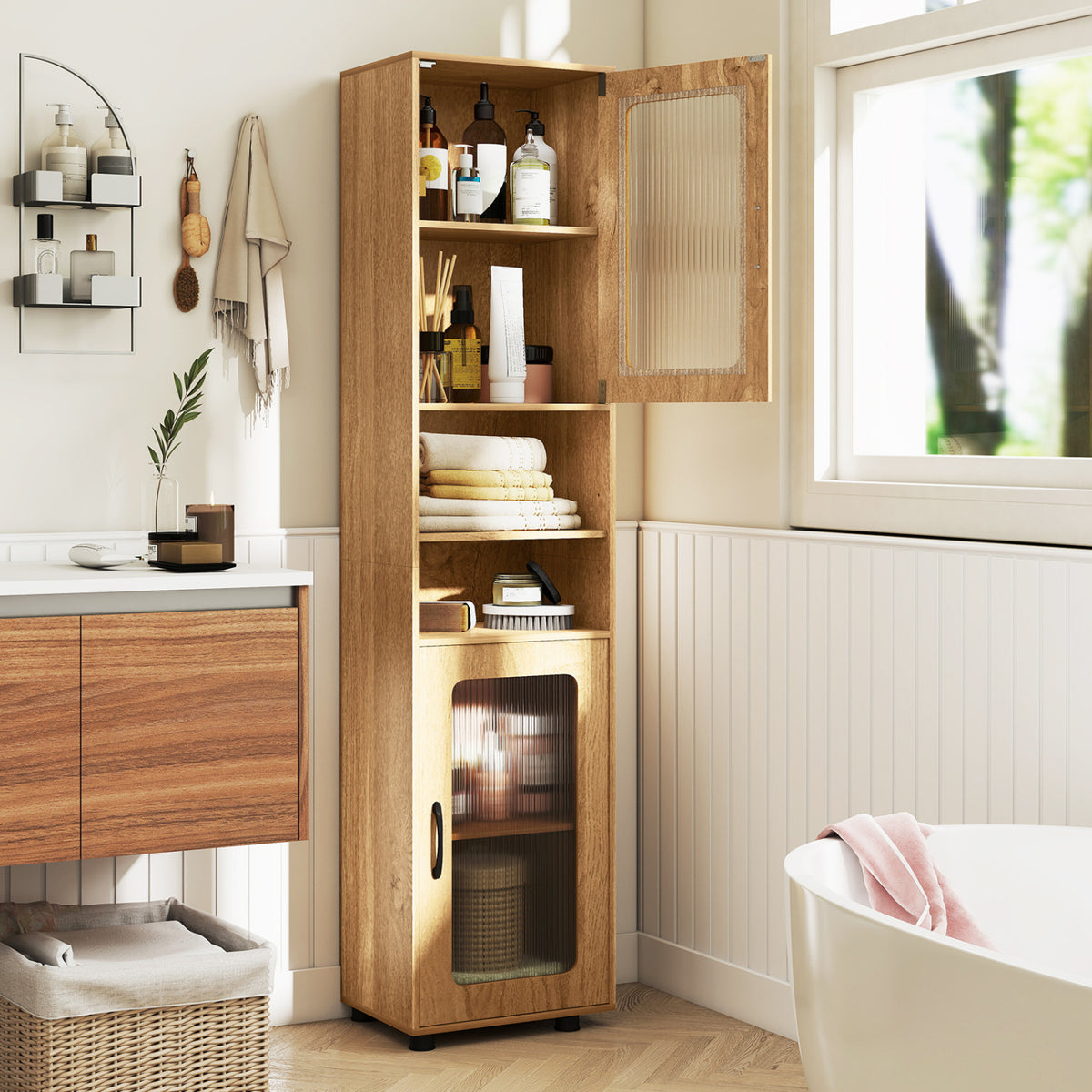 Tall Bathroom Storage Cabinet 67 Inch - 2 Cabinets & Open Shelves, Natural