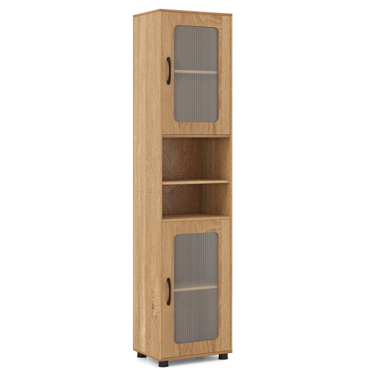 Tall Bathroom Storage Cabinet 67 Inch - 2 Cabinets & Open Shelves, Natural