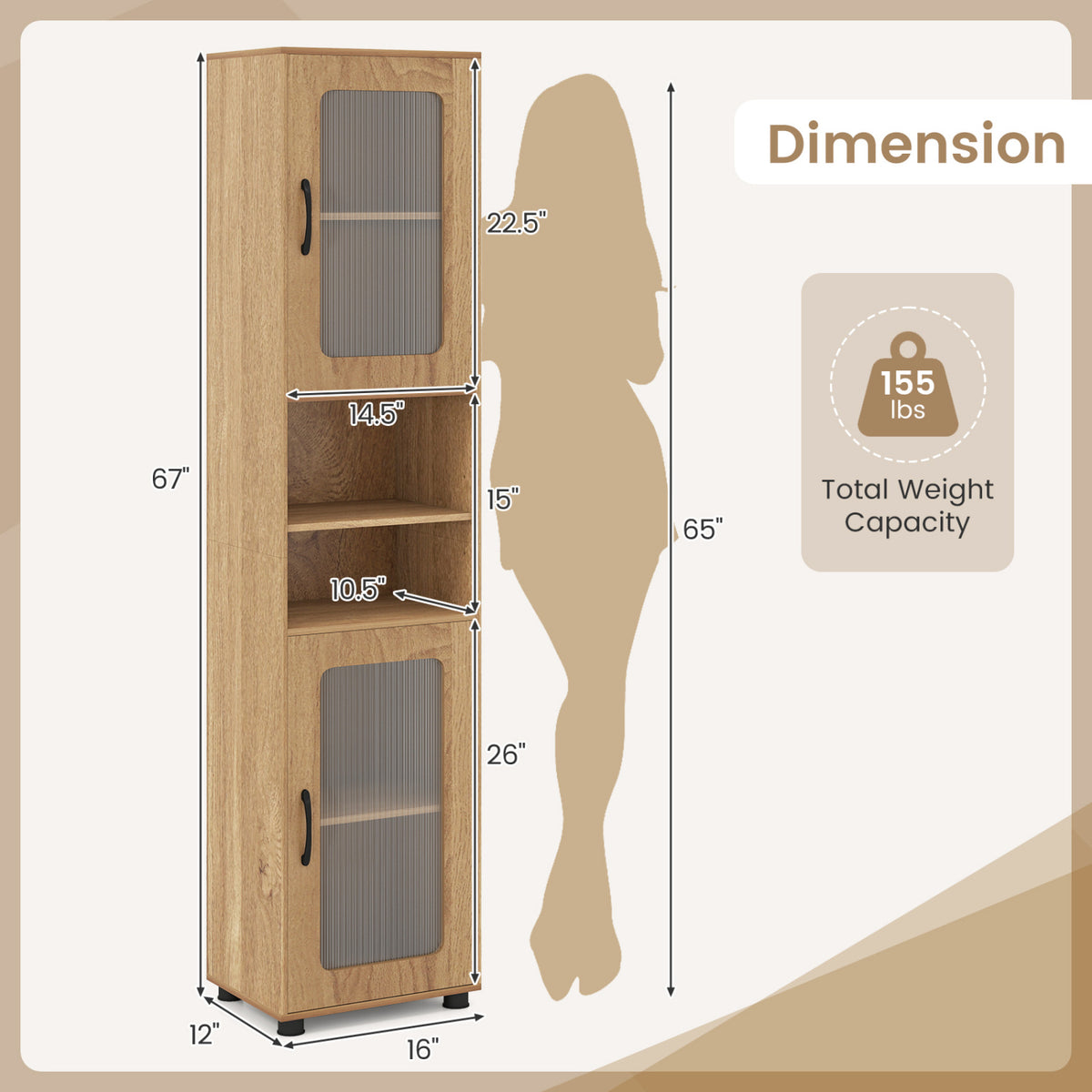 Tall Bathroom Storage Cabinet 67 Inch - 2 Cabinets & Open Shelves, Natural