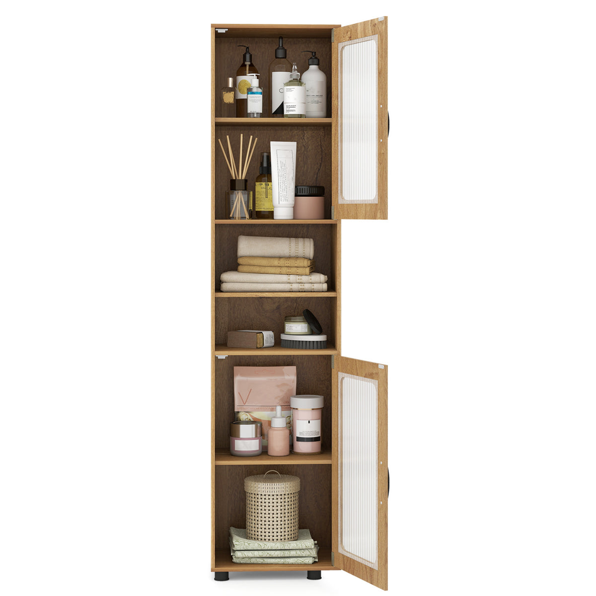 Tall Bathroom Storage Cabinet 67 Inch - 2 Cabinets & Open Shelves, Natural