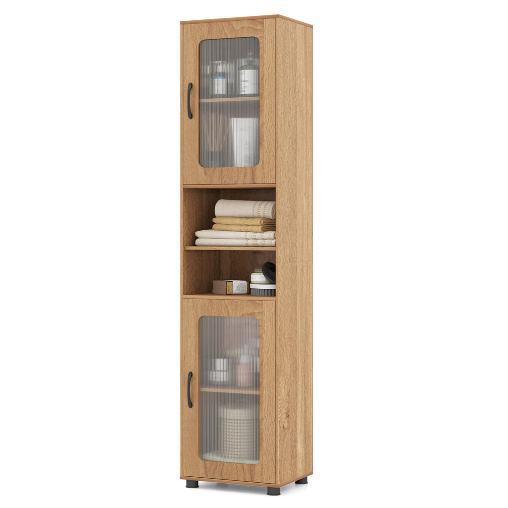 Tall Bathroom Storage Cabinet 67 Inch - 2 Cabinets & Open Shelves, Natural