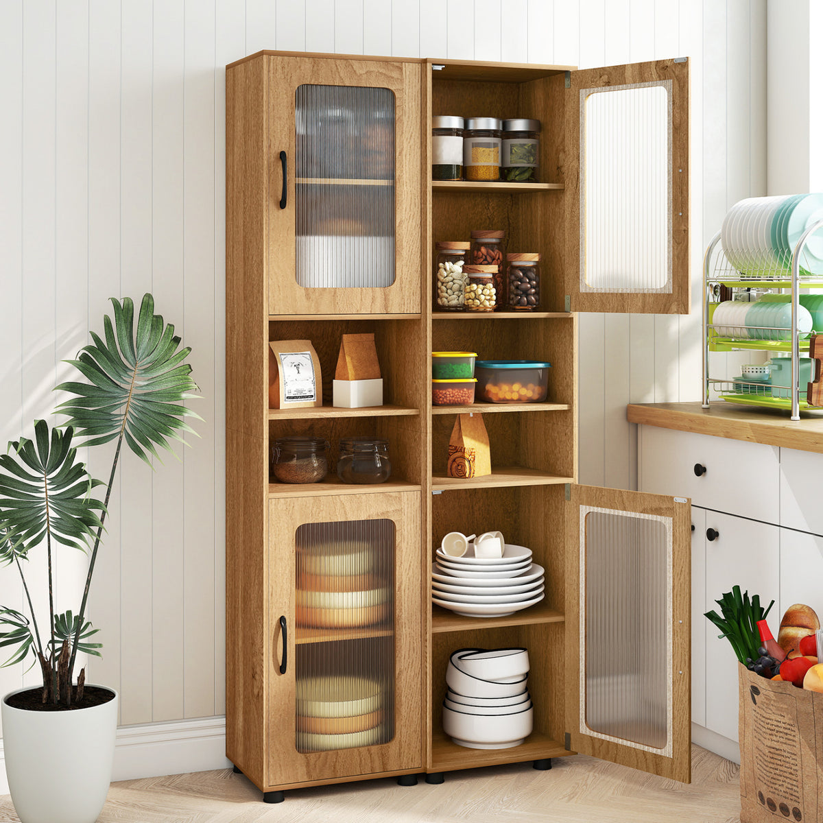 Tall Bathroom Storage Cabinet 67 Inch - 2 Cabinets & Open Shelves, Natural