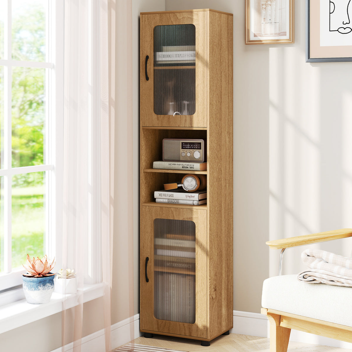 Tall Bathroom Storage Cabinet 67 Inch - 2 Cabinets & Open Shelves, Natural