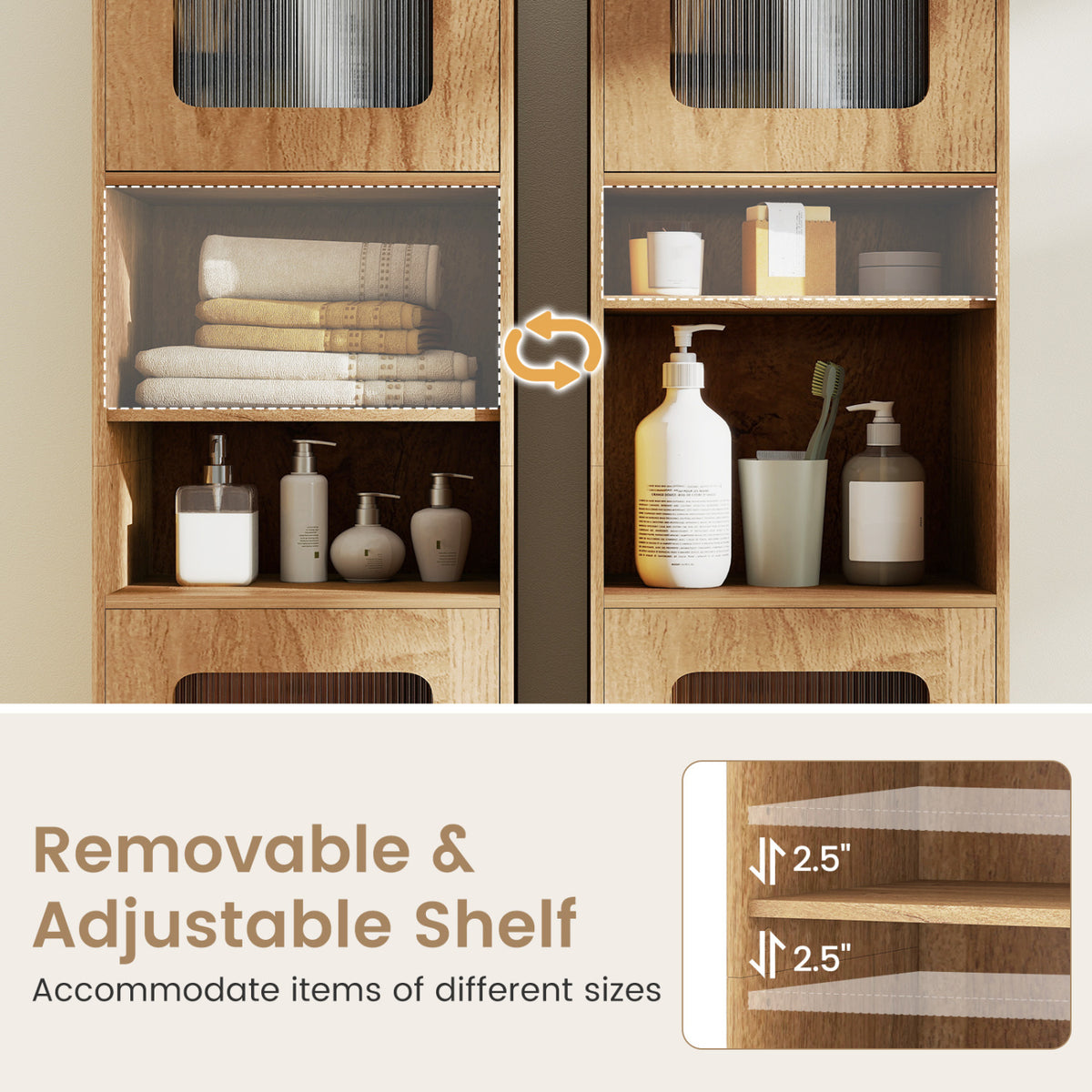 Tall Bathroom Storage Cabinet 67 Inch - 2 Cabinets & Open Shelves, Natural